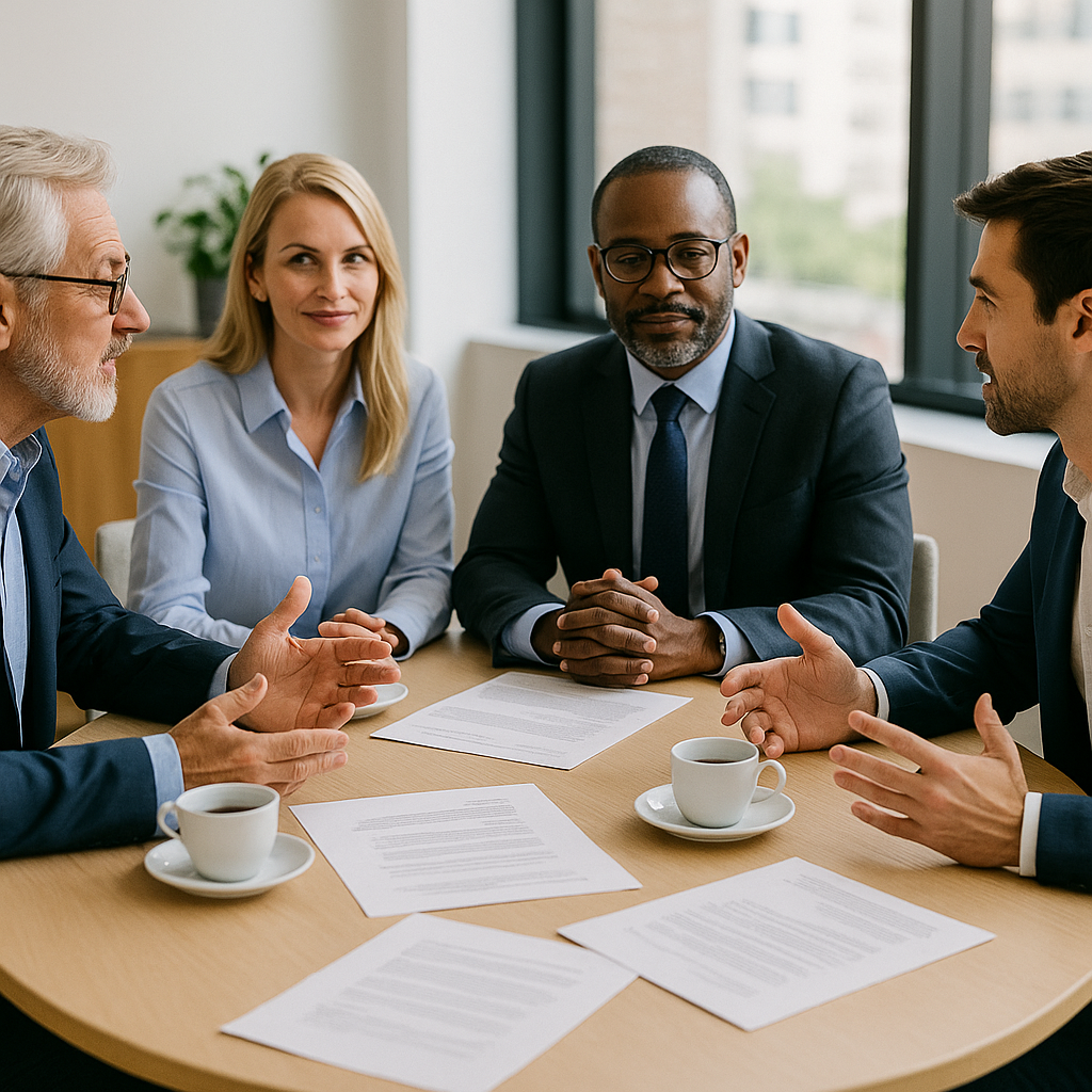Four professionals in a mediation session sitting at a round table with coffee and documents in a modern office.