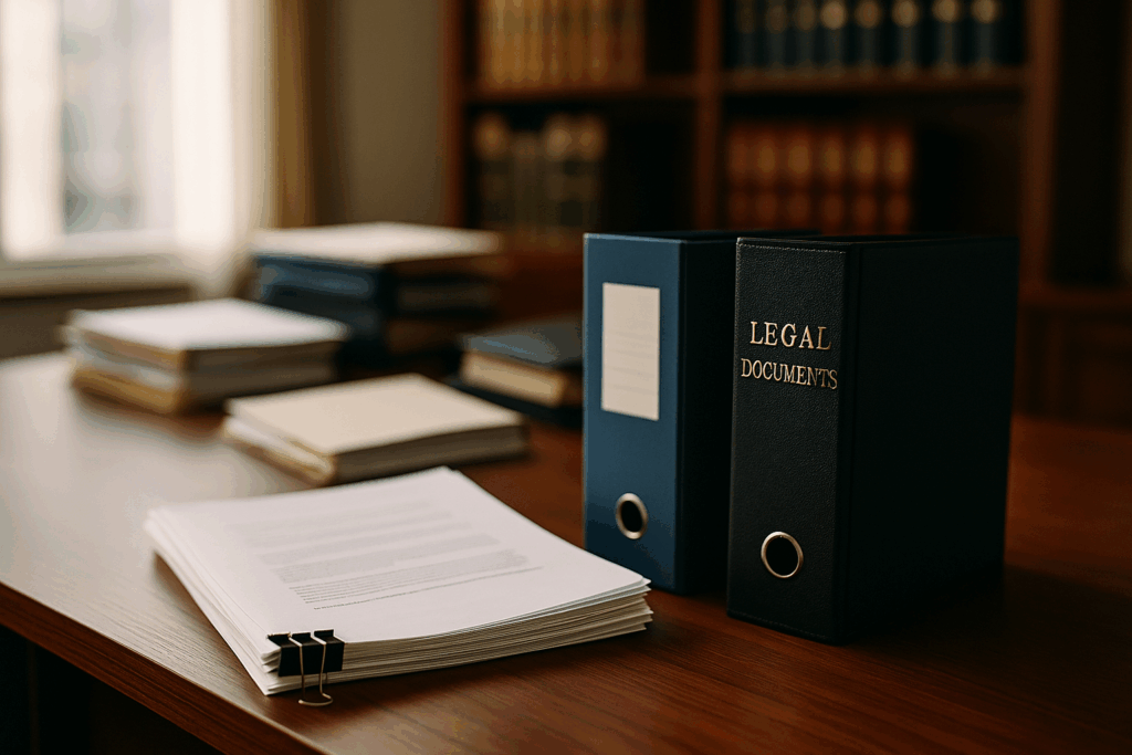 Organized law office desk with binders, legal documents, and a computer.