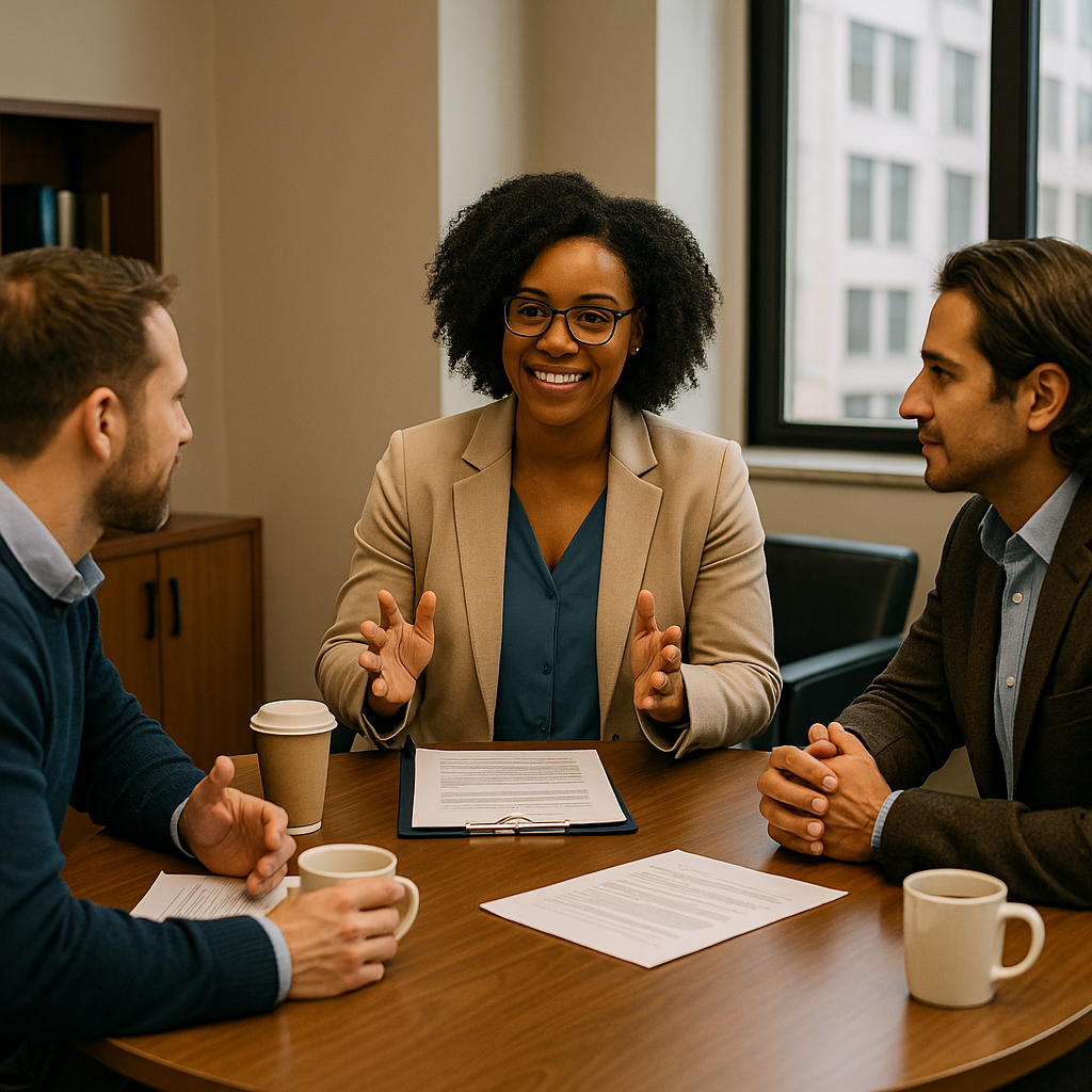 Three professionals seated at a round table in a mediation session, reviewing documents and sharing coffee.