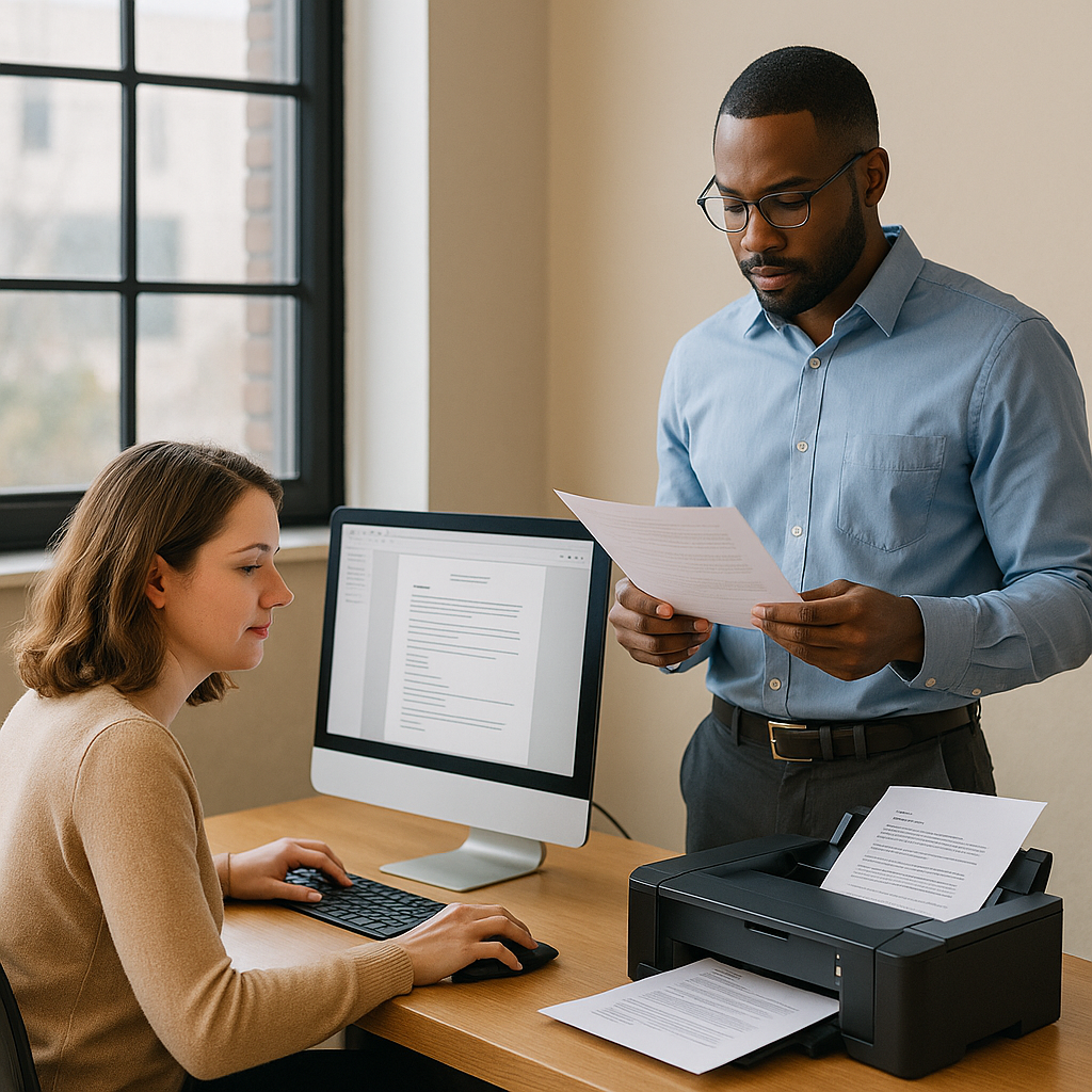 Two people preparing documents — one seated at a computer, the other reviewing pages from a nearby printer.
